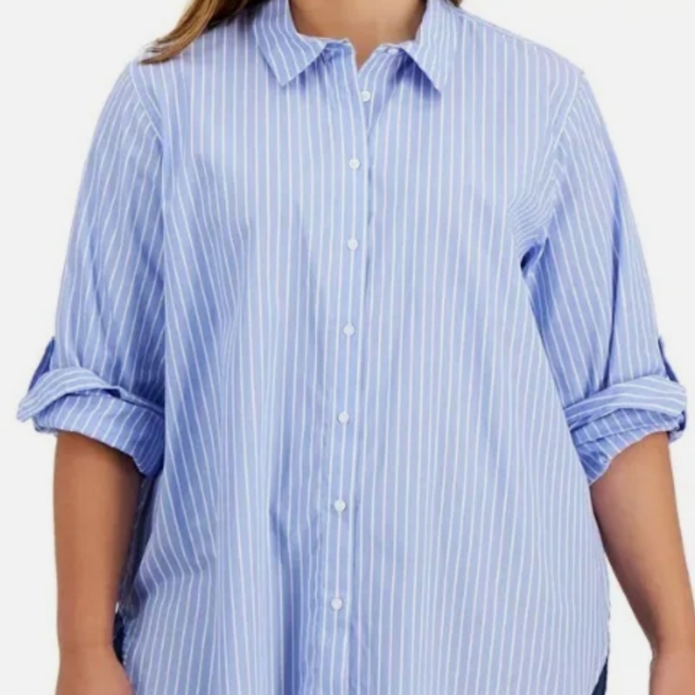 Calvin Klein Plus Size Striped Collared Boyfriend Shirt Chambray/White 2X